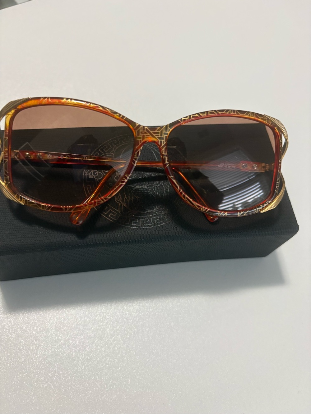 Vintage Christian Dior Women's Orange Patterned Oversized Sunglasses